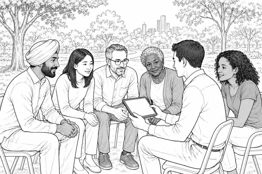 A diverse group of meeting attendees sitting together outdoors